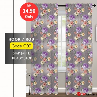 C09 Flora Semi-Blackout Curtains 140x220cm | 2-in-1 Hook & Rod | Door, Window Ready