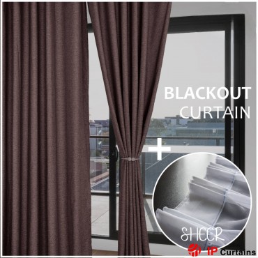 Ready-Made Brown Linen Curtain Set - 80% Blackout + 3 Sheer Options (Free Hook/Ring)